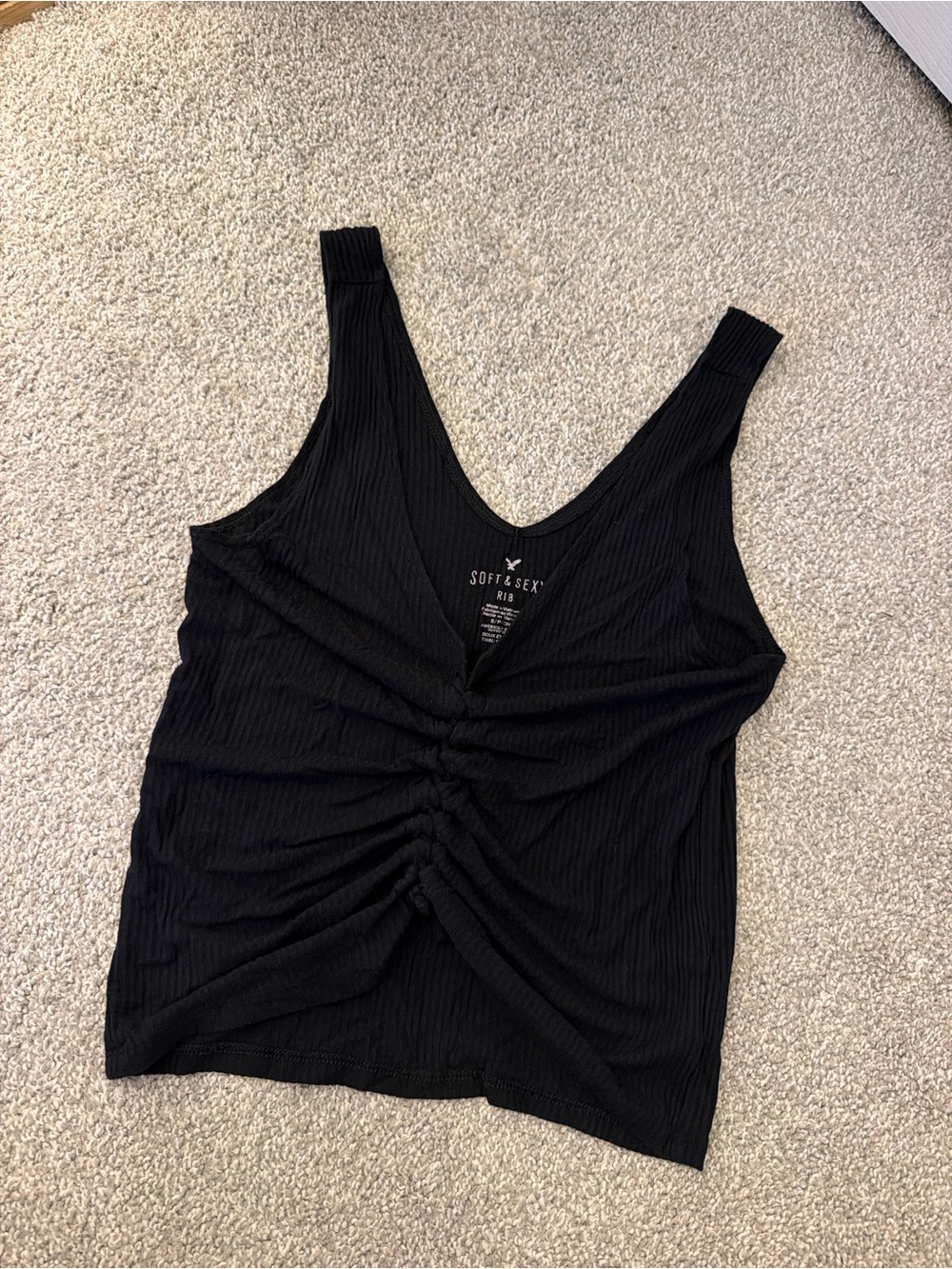 American Eagle Black V-Neck Ruched Tank Top